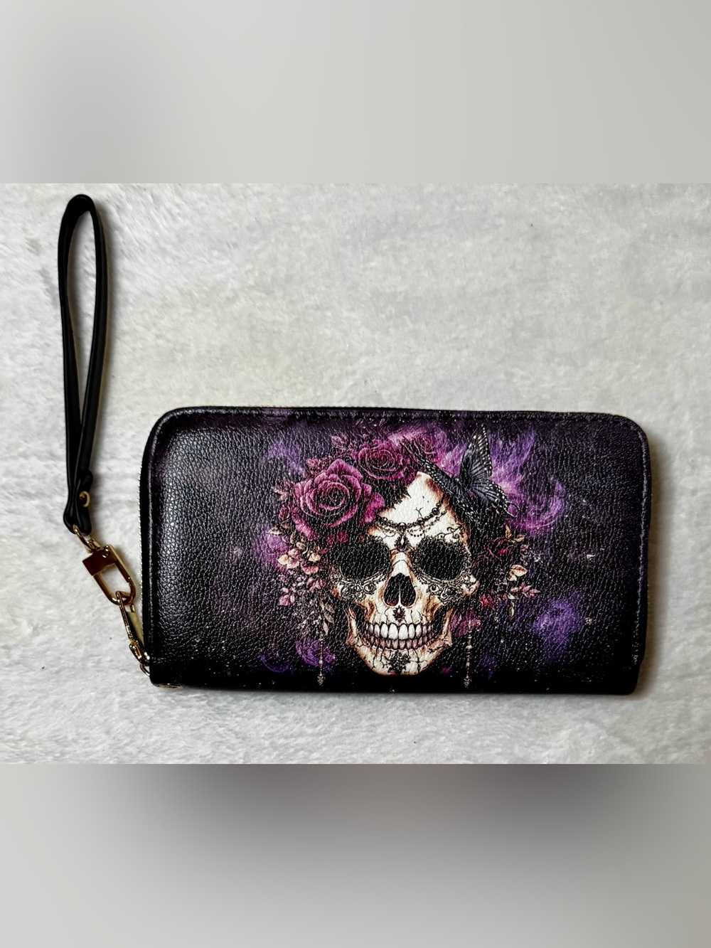 Black Skull & Purple Rose Zip Wallet or Clutch with black wristlet